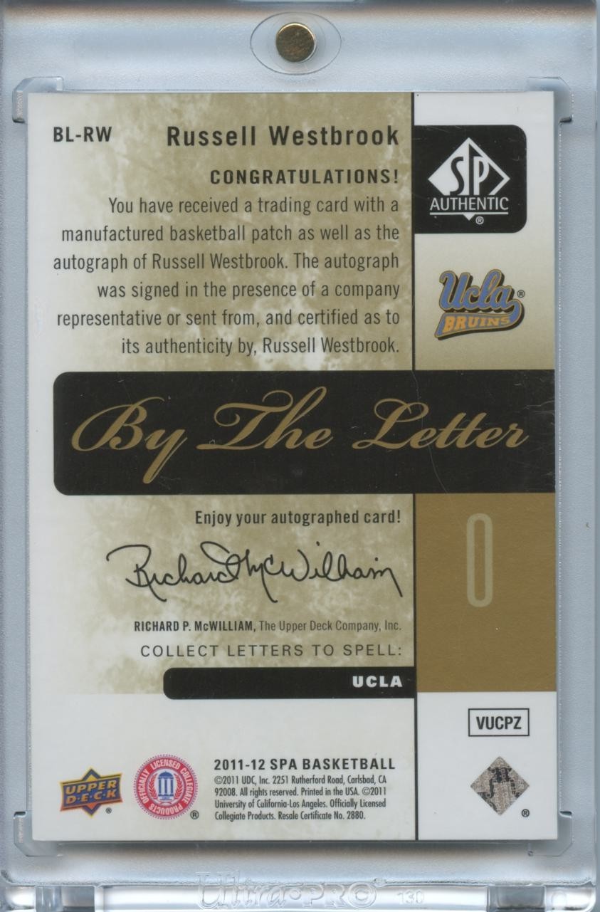 Russell Westbrook 2011-12 SP Authentic Auto Autograph "C" Patch UCLA 1/75