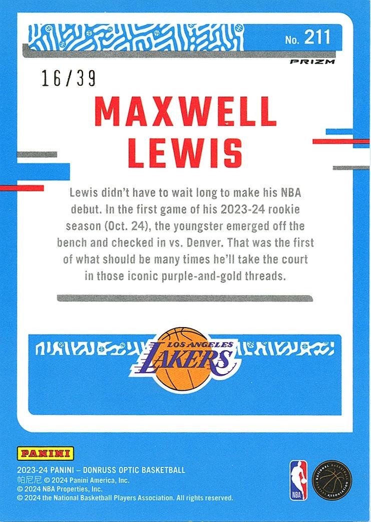 Maxwell Lewis 2023-24 Optic Rated Rookie Black Velocity Prizm RC Lakers 16/39