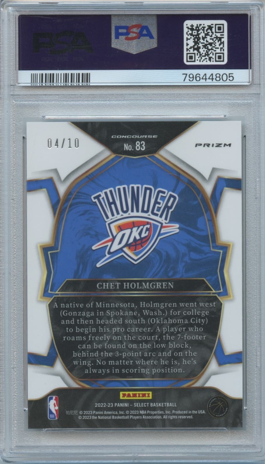 Chet Holmgren 2022-23 Select GOLD Ice Prizm Rookie RC OKC Thunder 4/10 PSA 10