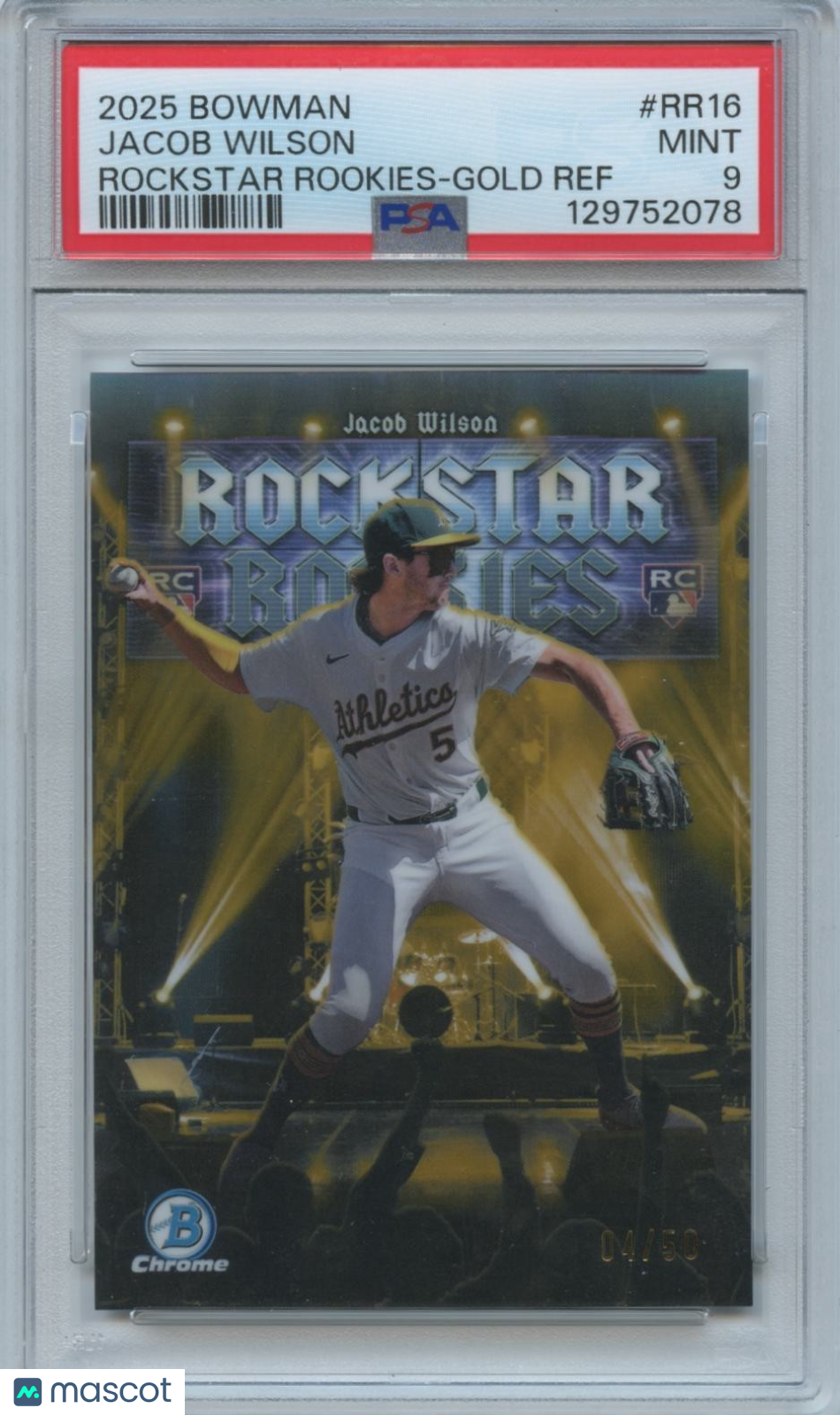 Jacob Wilson 2025 Bowman Rockstar GOLD Refractor Athletics 4/50 PSA 9