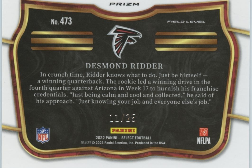 Desmond Ridder 2022 Select Field Level Tie-Dye Prizm Rookie RC Falcons 11/25