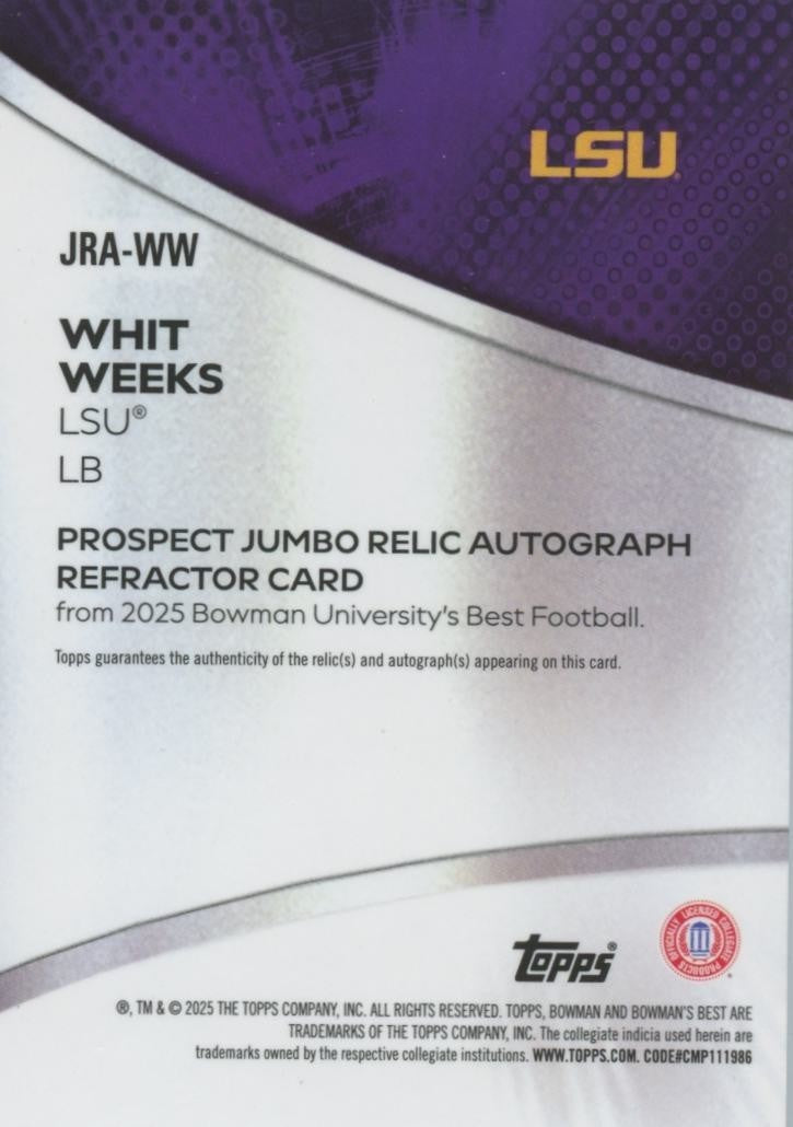 Whit Weeks 2025 Bowman's Best Auto Autograph Game Worn Patch RC LSU Tigers