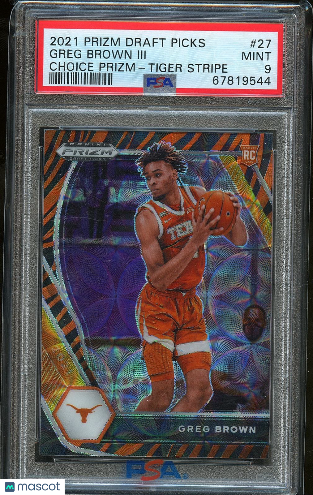 Greg Brown 2021 Prizm Draft Tiger Stripe Prizm SSP RC Texas Lonhorns PSA 9
