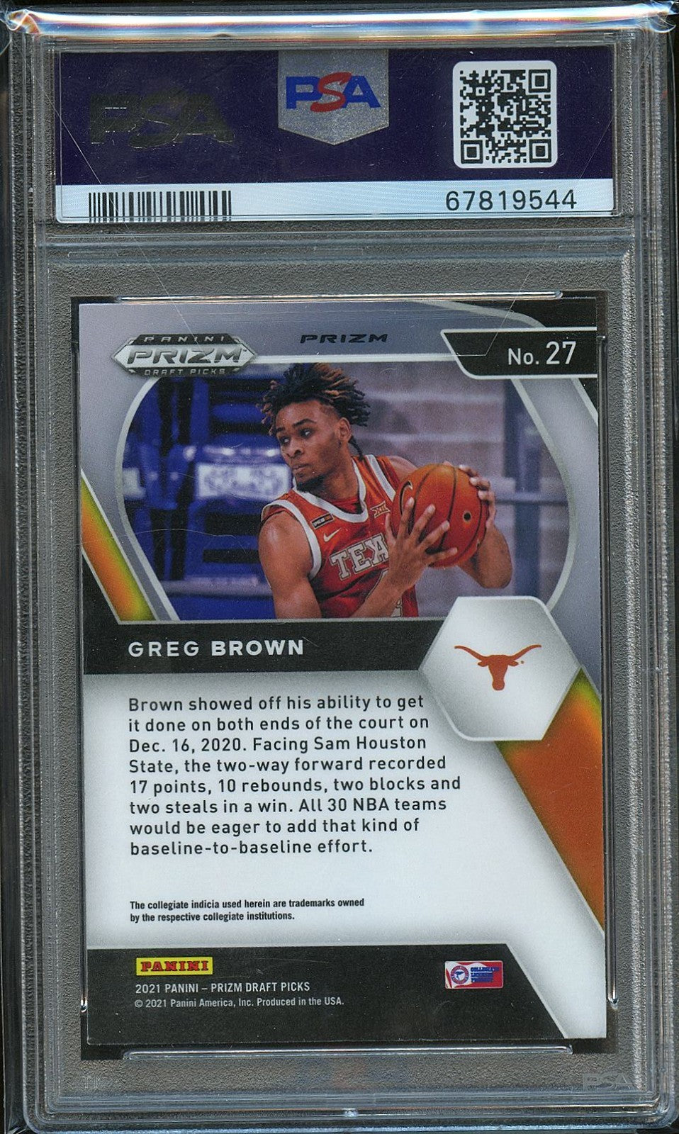 Greg Brown 2021 Prizm Draft Tiger Stripe Prizm SSP RC Texas Lonhorns PSA 9