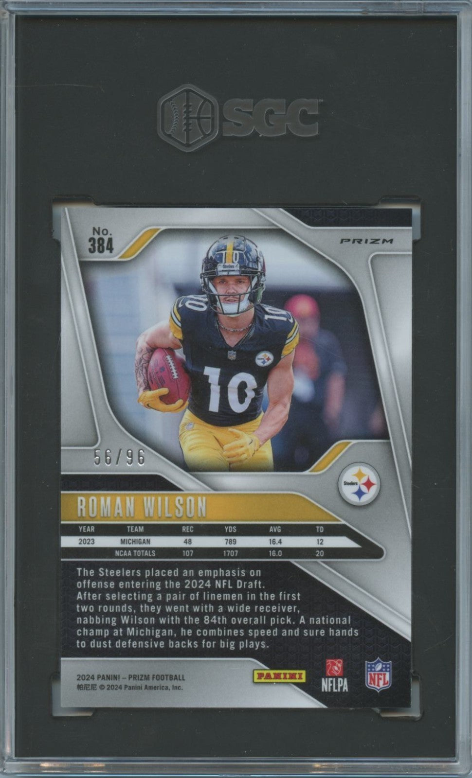 Roman Wilson 2024 Prizm Blue Sparkle Prizm Rookie RC Steelers 56/96 SGC 10