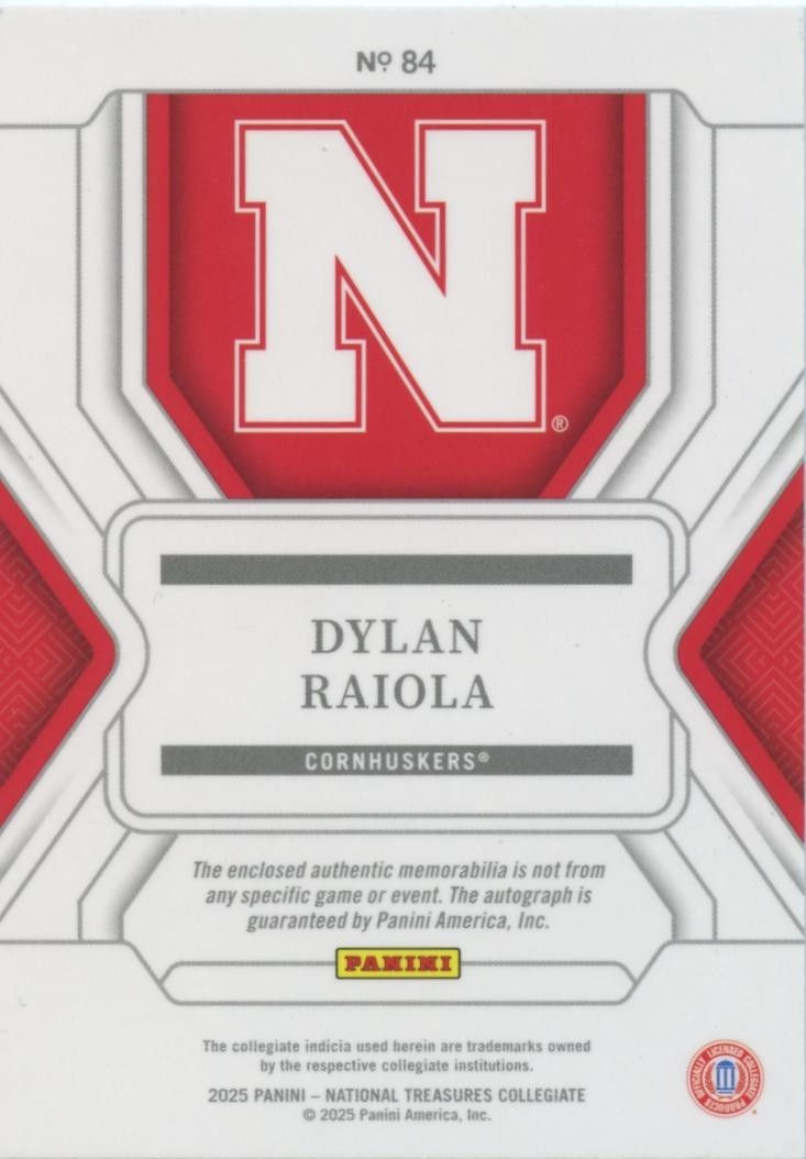 Dylan Raiola 2025 National Treasures Auto Autograph Patch RC Nebraska 27/99 #84
