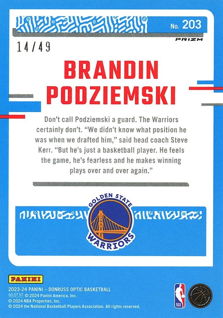 Brandin Podziemski 2023-24 Optic Rated Rookie Blue Prizm RC Warriors 14/49