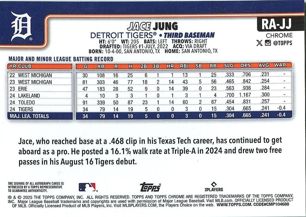 Jace Jung 2025 Topps Chrome Green Auto Autograph RC Detroit Tigers 84/99