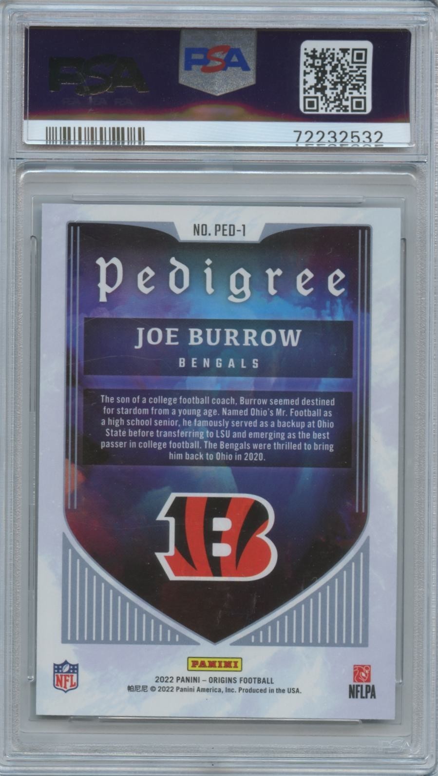 Joe Burrow 2022 Origins Pedigree SSP CASE HIT Cincinnati Bengals PSA 9