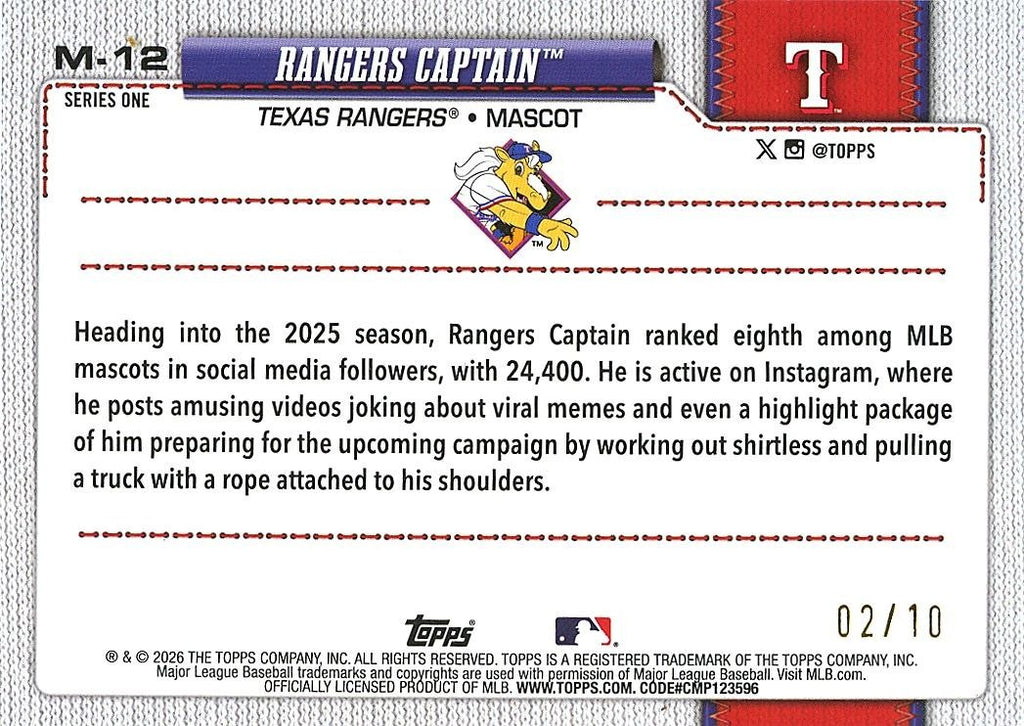 Rangers Captain 2026 Topps 76 Mascot Black Foil Texas Rangers 2/10 #M12