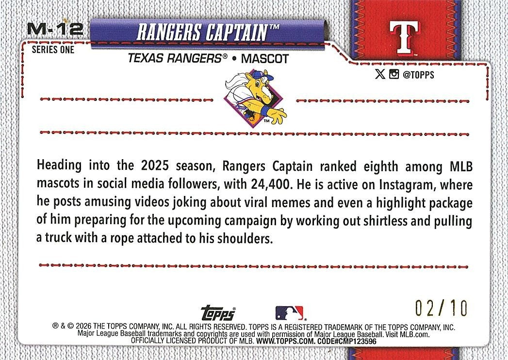 Rangers Captain 2026 Topps 76 Mascot Black Foil Texas Rangers 2/10 #M12