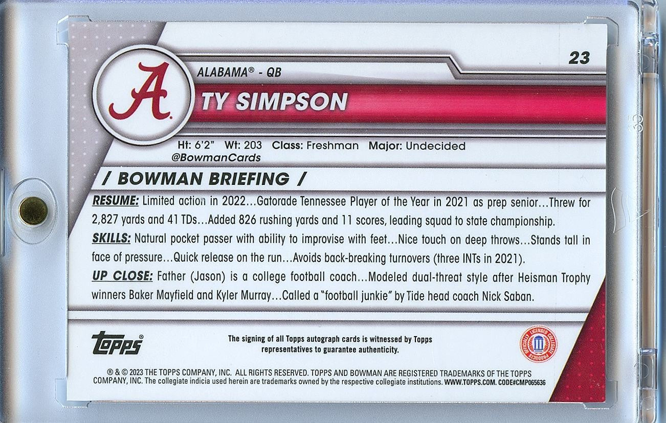 Ty Simpson 2023 Bowman Chrome Auto Autograph RC Alabama LA Rams