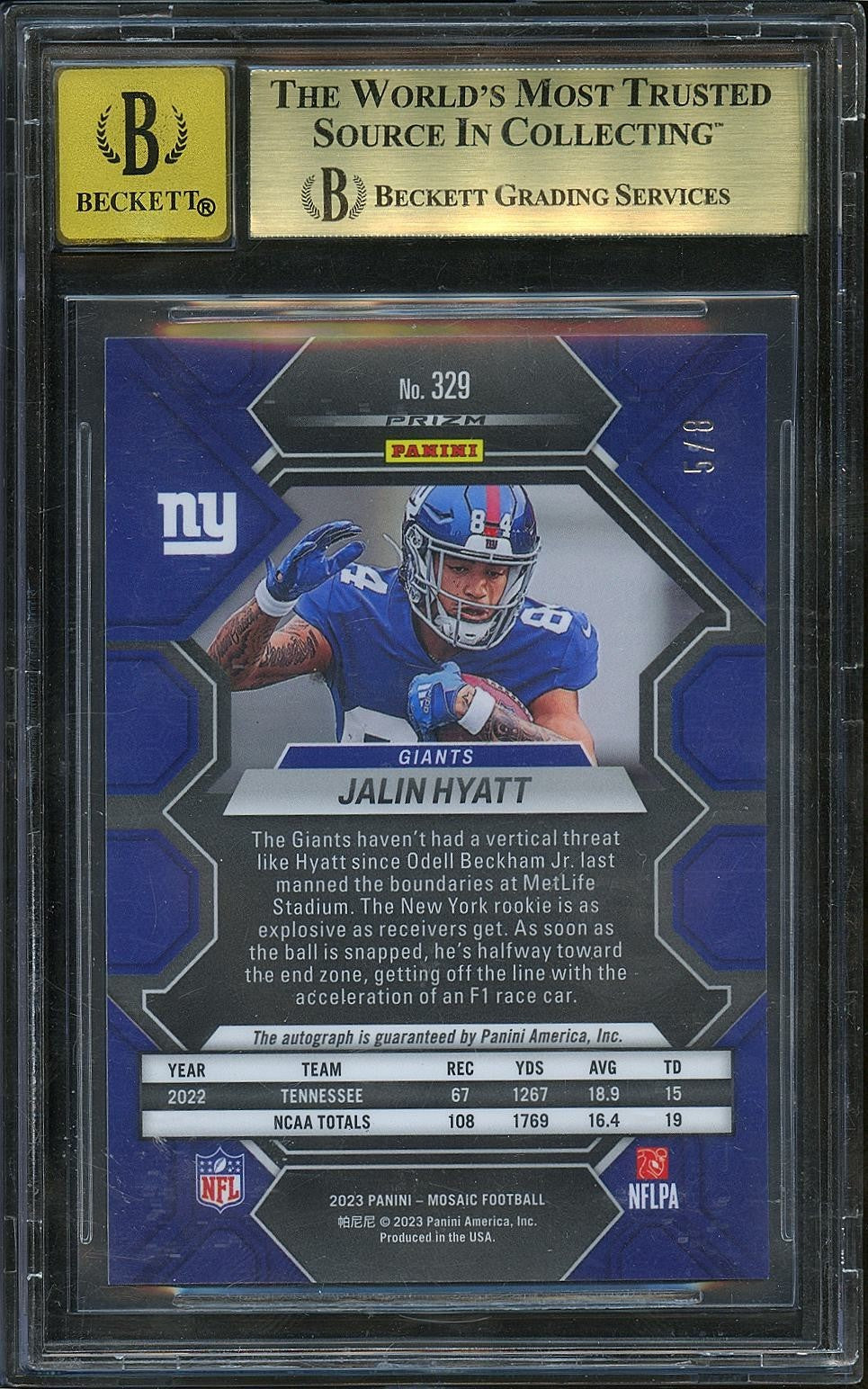 Jalin Hyatt 2023 Mosaic Black Gold Auto Autograph RC 5/8 New York Giants BGS 9.5