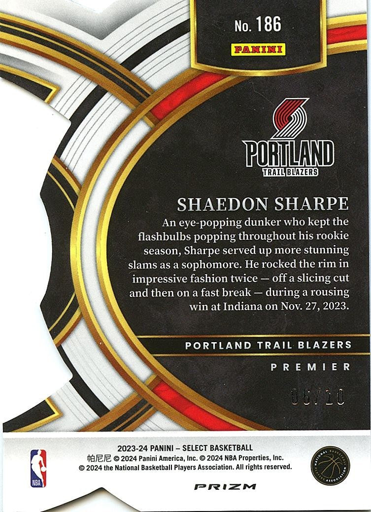 Shaedon Sharpe 2023-24 Select GOLD Prizm Die-Cut Trail Blazers 6/10 #186