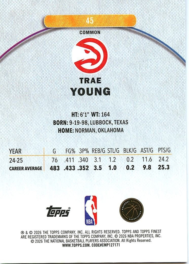Trae Young 2025-26 Topps Finest Orange Refractor Atlanta Hawks 20/25