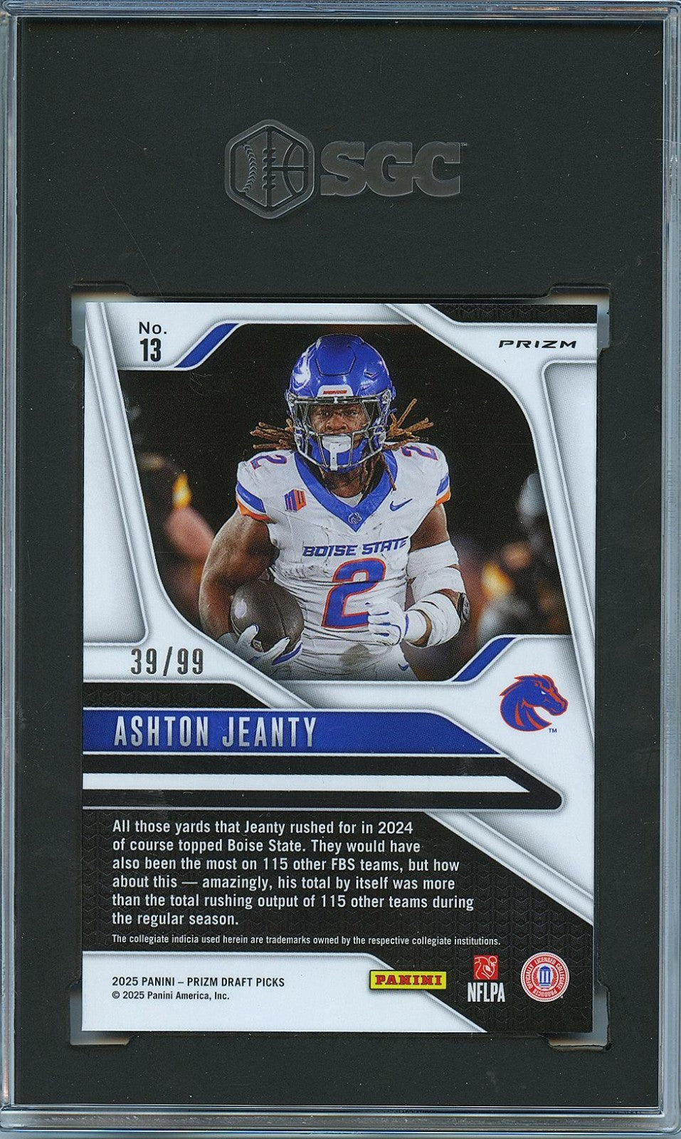 Ashton Jeanty 2025 Prizm Draft Purple Prizm Rookie RC Boise State 39/99 SGC 9.5