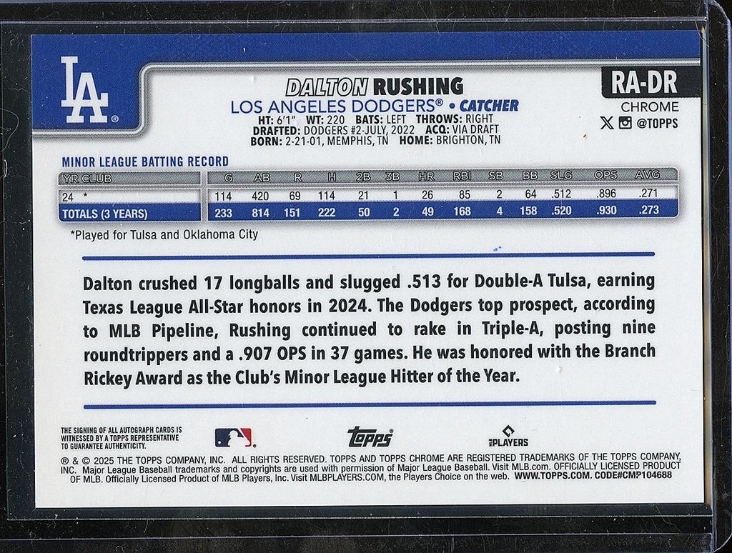 Dalton Rushing 2025 Topps Chrome Purple Auto Autograph RC LA Dodgers 39/250