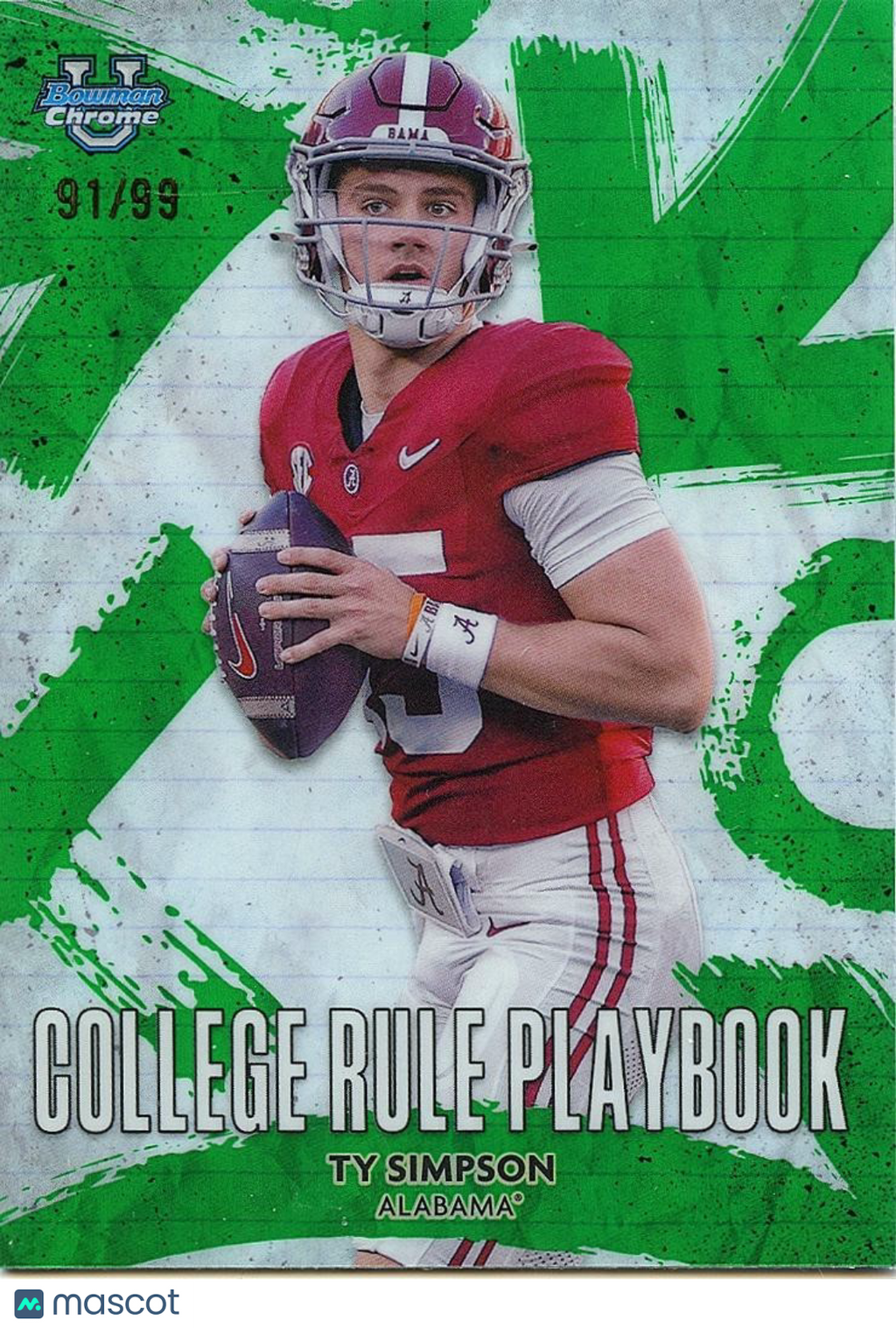 Ty Simpson 2025 Bowman Chrome Rule Playbook Green Refractor Alabama Rams 91/99