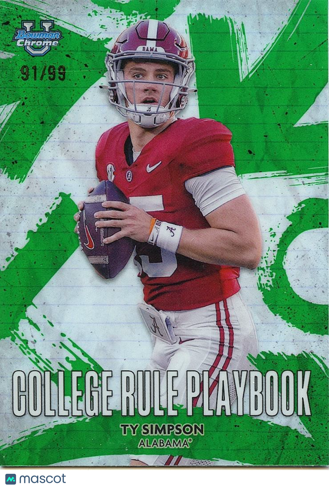 Ty Simpson 2025 Bowman Chrome Rule Playbook Green Refractor Alabama Rams 91/99