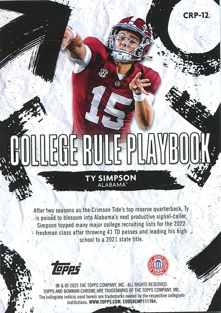 Ty Simpson 2025 Bowman Chrome Rule Playbook Green Refractor Alabama Rams 91/99