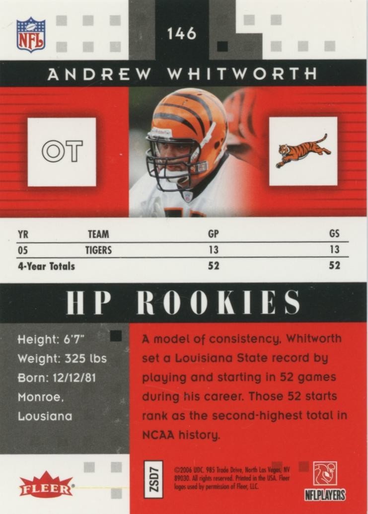 Andrew Whitworth 2006 Hot Prospects RED HOT Rookie RC Cincinnati Bengals 23/50