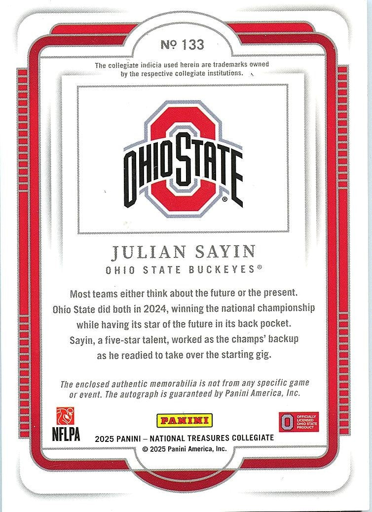 Julian Sayin 2025 National Treasures Auto Autograph Patch RC Ohio State 36/39