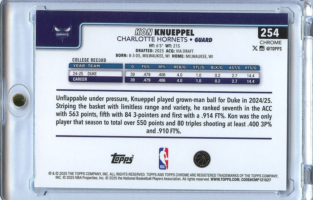 Kon Knueppel 2025-26 Topps Chrome Image Variation SSP Rookie RC Hornets #254