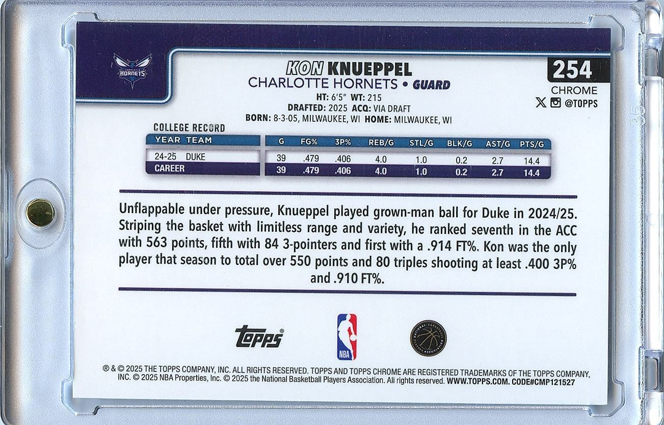 Kon Knueppel 2025-26 Topps Chrome Image Variation SSP Rookie RC Hornets #254