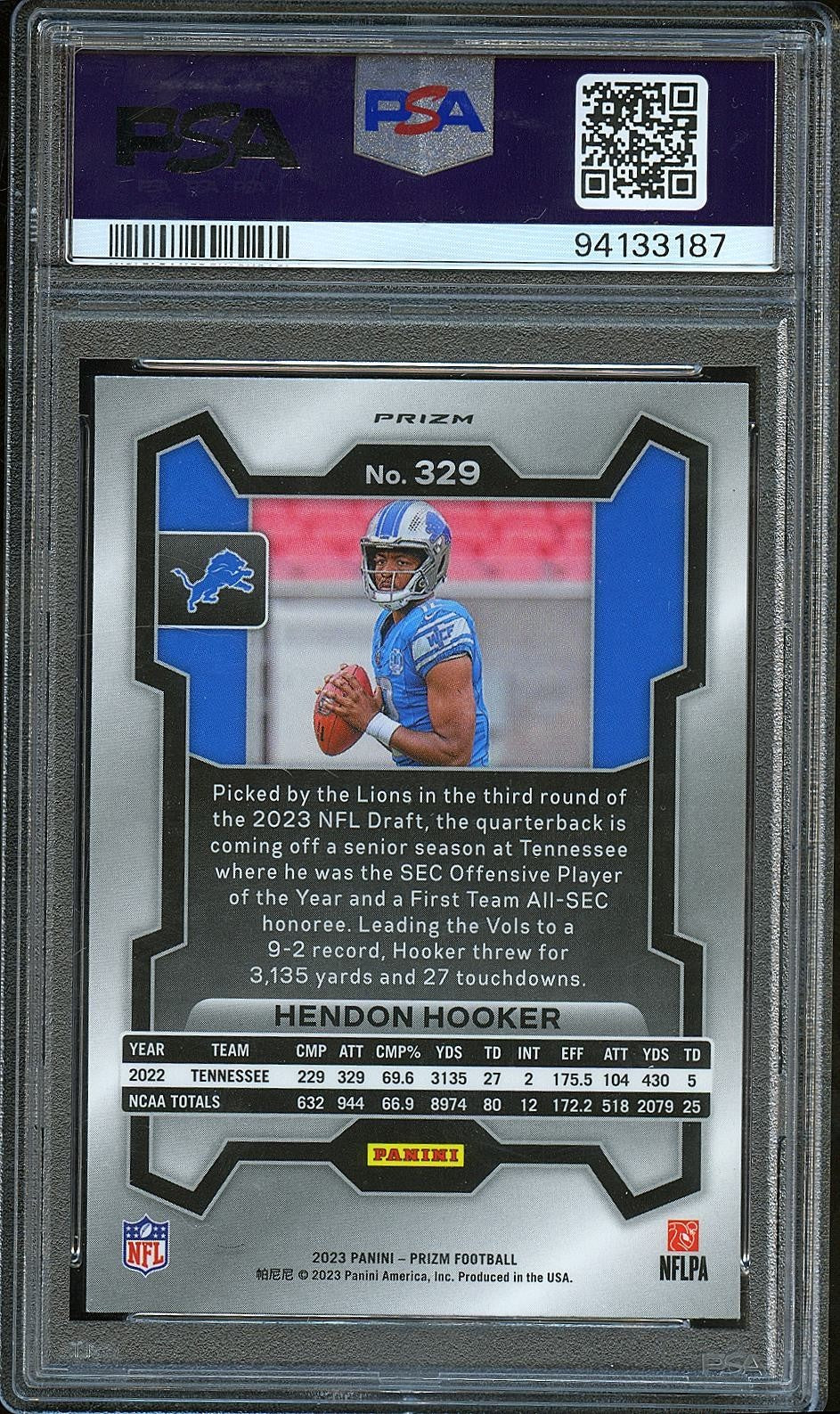Hendon Hooker 2023 Prizm Black & White Checker Prizm SSP Rookie Lions PSA1 0