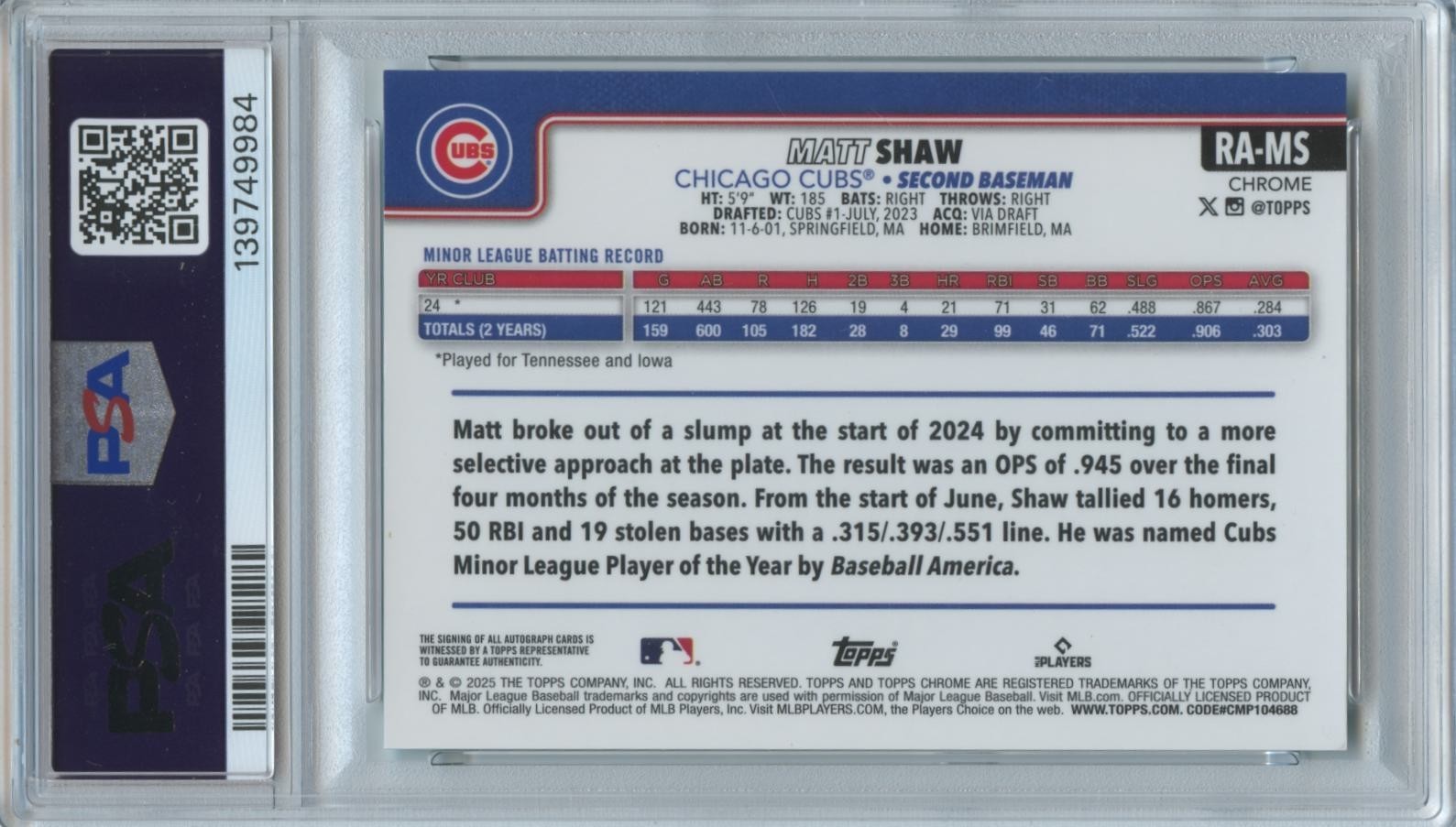 Matt Shaw 2025 Topps Chrome Aqua Wave Auto Autograph RC Rookie Cubs /199 PSA 10