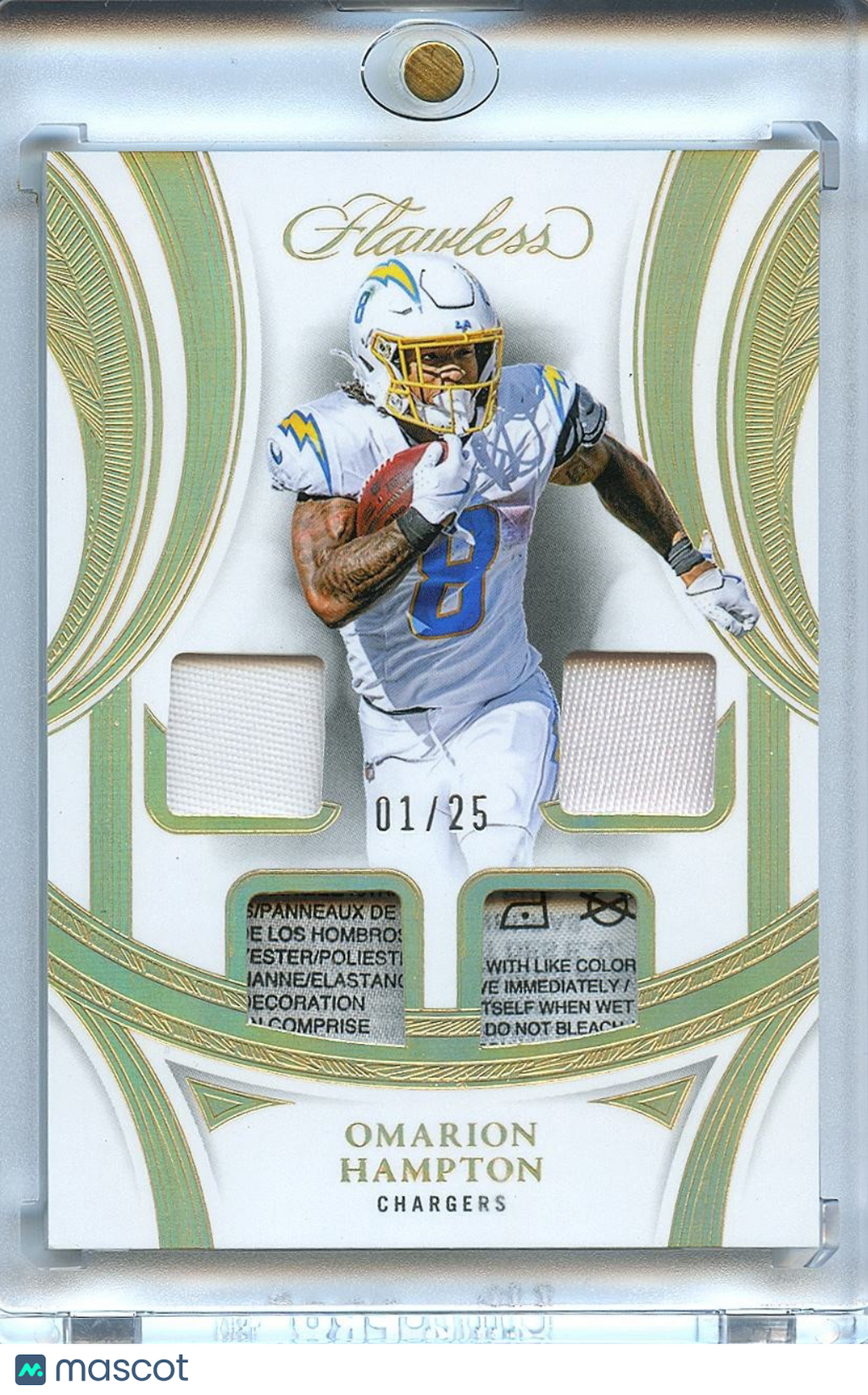Omarion Hampton 2025 Flawless Laundry Tag Patch RC Los Angeles Chargers 1/25