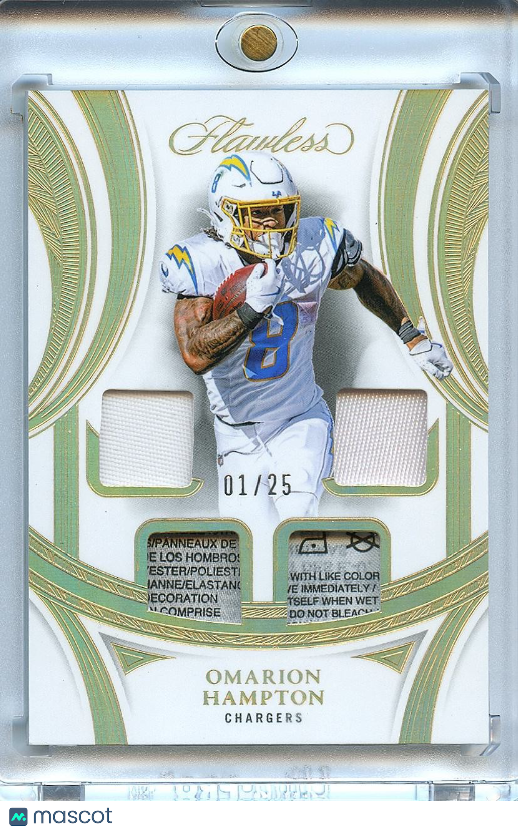 Omarion Hampton 2025 Flawless Laundry Tag Patch RC Los Angeles Chargers 1/25