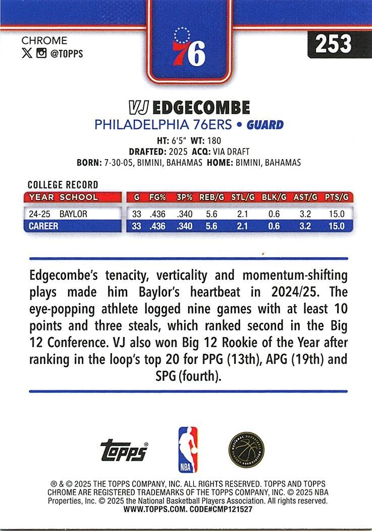 VJ Edgecombe 2025-26 Topps Chrome Sapphire Rookie RC Philadelphia 76ers #253