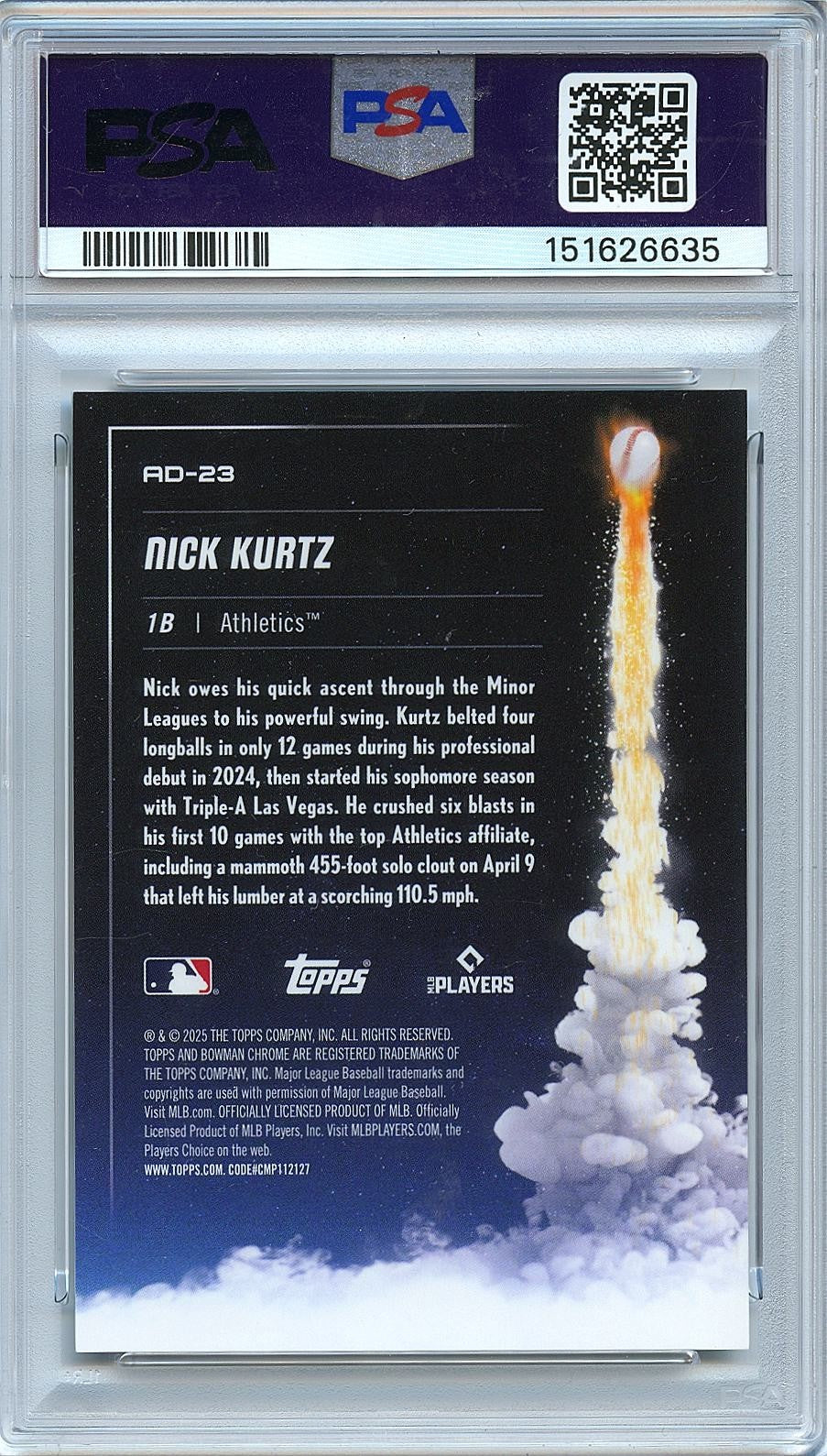 Nick Kurtz 2025 Bowman Chrome ADIOS Orange Refractor Rookie Athletics 9/25 PSA 9