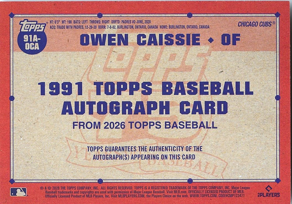 Owen Caissie 2026 Topps '91 GOLD Auto Autograph RC Rookie Cubs 43/50