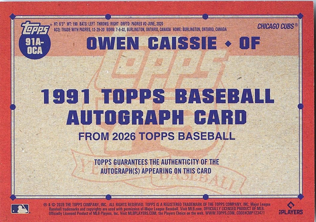 Owen Caissie 2026 Topps '91 GOLD Auto Autograph RC Rookie Cubs 43/50