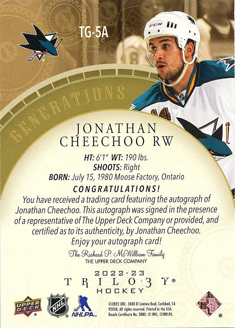 Jonathan Cheechoo 2022-23 Upper Deck Trilogy Auto Autograph 2/10 Sharks