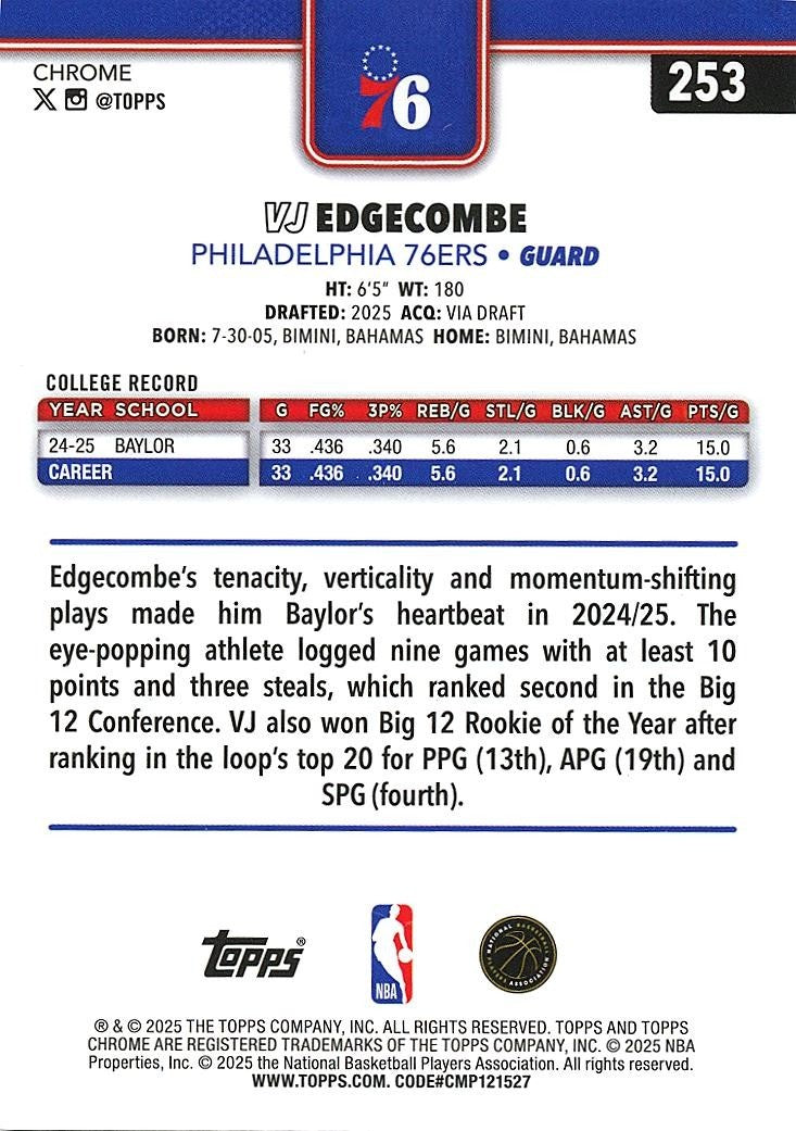VJ Edgecombe 2025-26 Topps Chrome XFractor Rookie RC Philadelphia 76ers #253