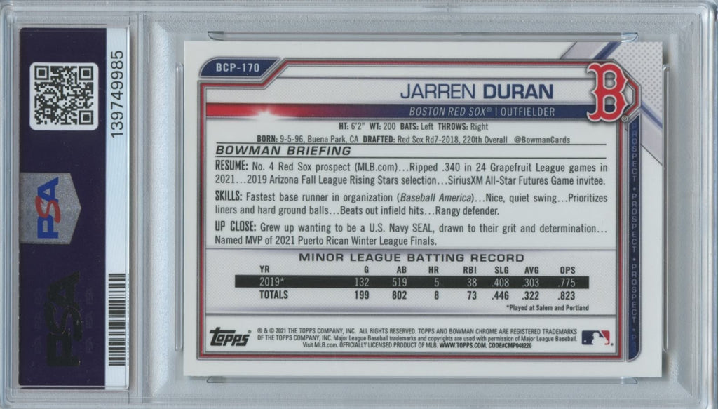 Jarren Duran 2021 Bowman Chrome GOLD Mega Box Refractor Red Sox 19/50 PSA 10