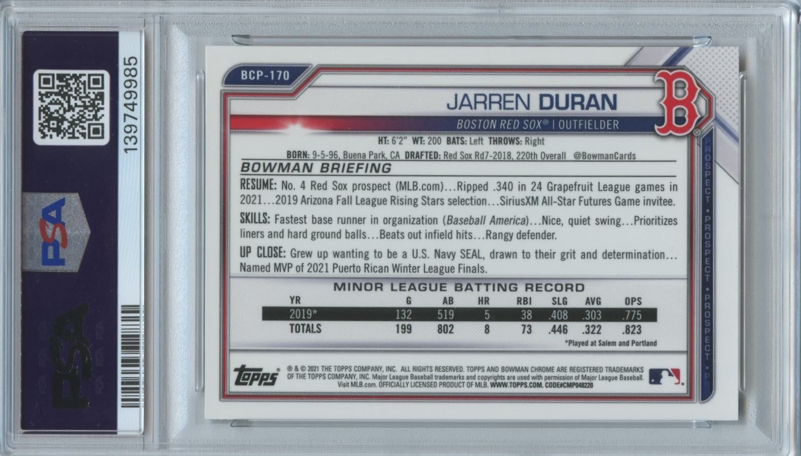 Jarren Duran 2021 Bowman Chrome GOLD Mega Box Refractor Red Sox 19/50 PSA 10