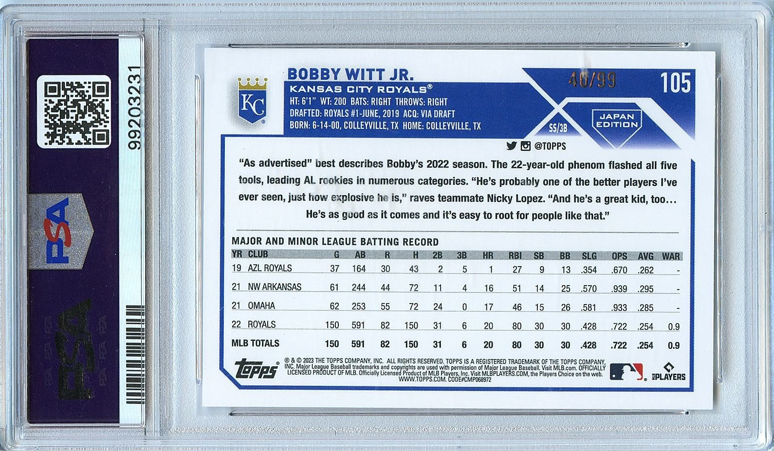 Bobby Witt Jr. 2023 Topps Cherry Blossoms Kansas City Royals 40/99 PSA 10