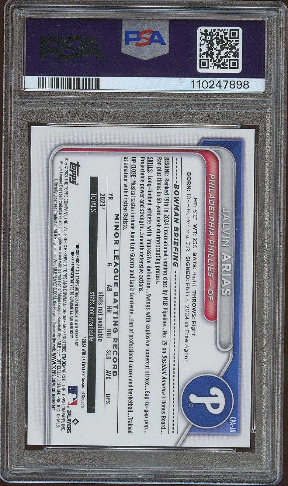 Jalvin Arias 2024 Bowman Chrome Orange Auto Autograph RC Phillies 20/25 PSA 9
