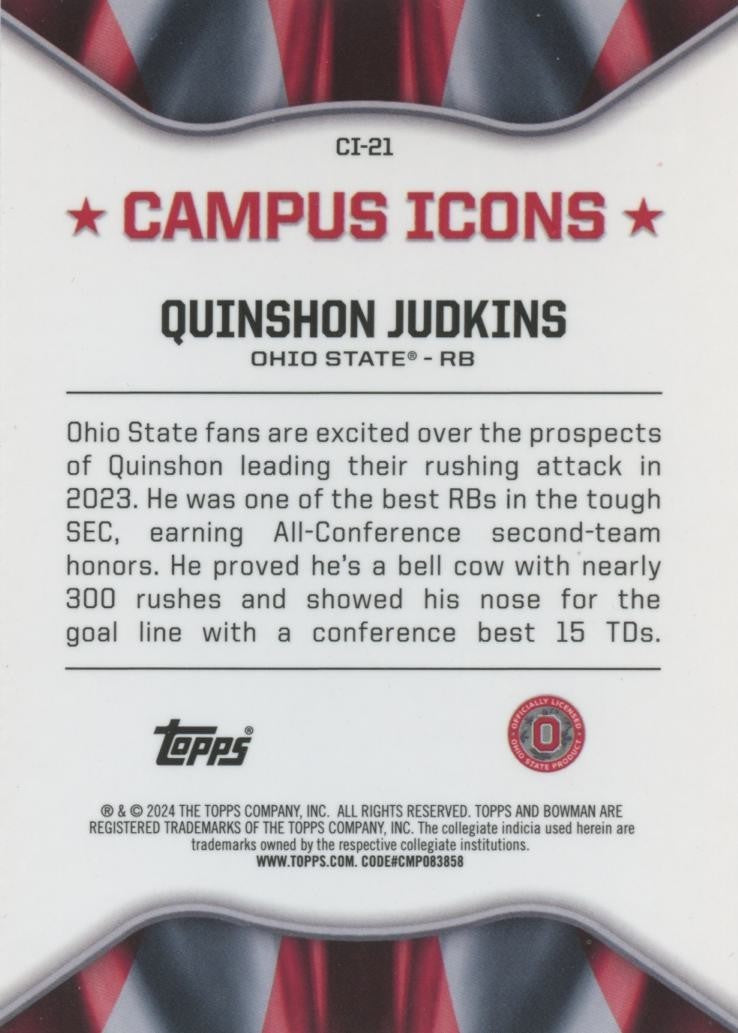 Quinshon Judkins 2024 Bowman Chrome Icons GOLD Refractor RC Ohio State 49/50
