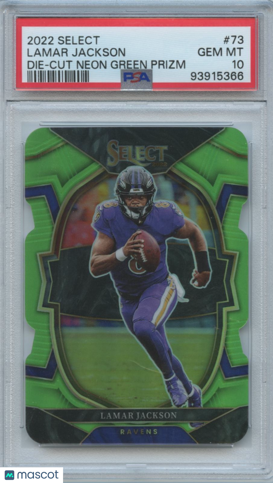 Lamar Jackson 2022 Select Neon Green Die-Cut Baltimore Ravens 228/299 PSA 10