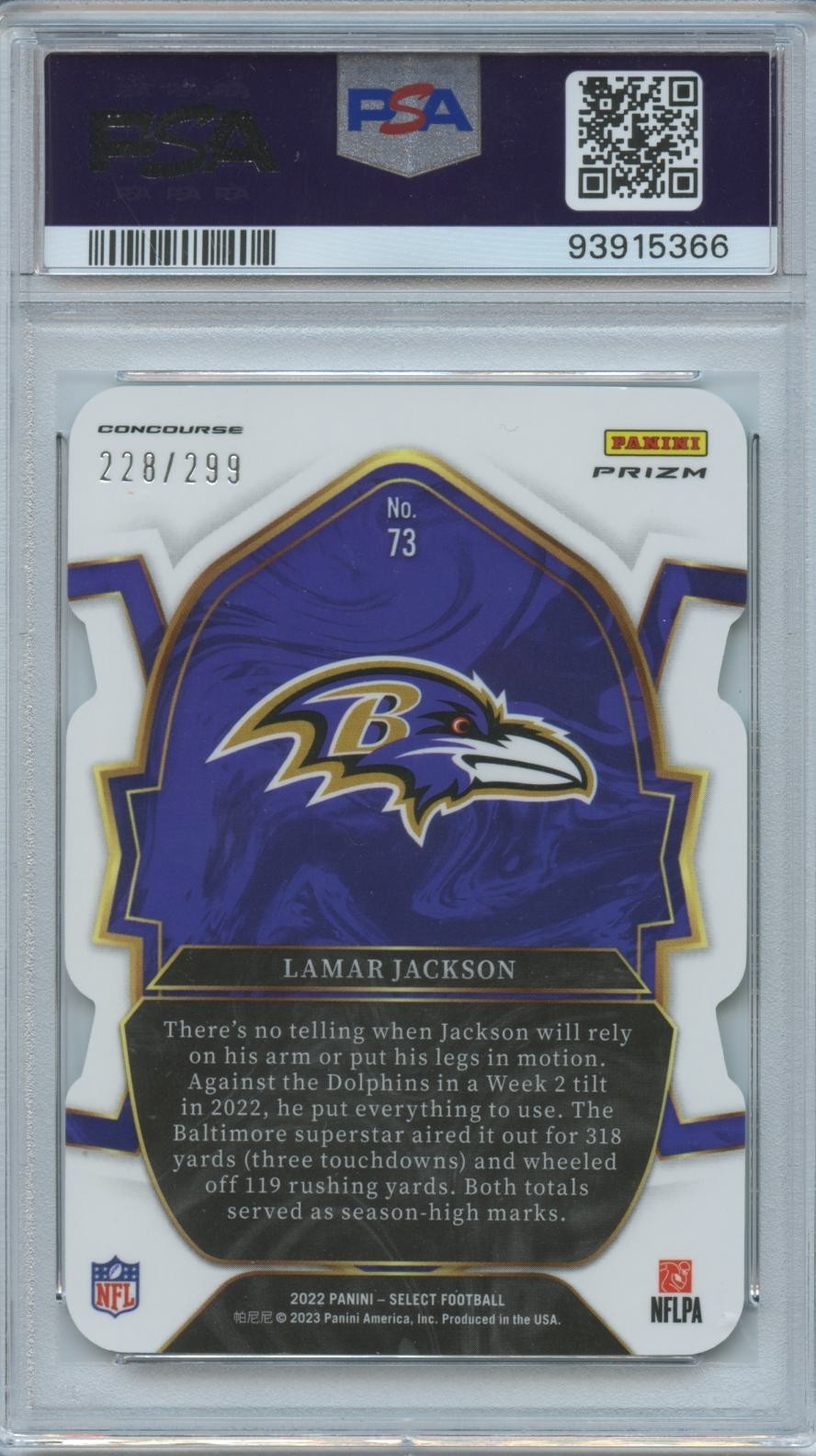 Lamar Jackson 2022 Select Neon Green Die-Cut Baltimore Ravens 228/299 PSA 10