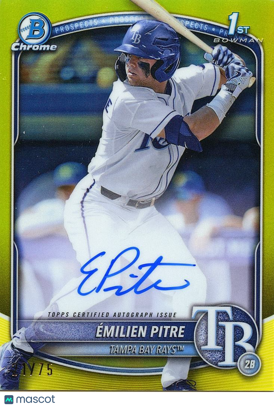 Emilien Pitre 2025 Bowman Chrome 1st Yellow Auto Autograph RC Tampa Bay Rays /75