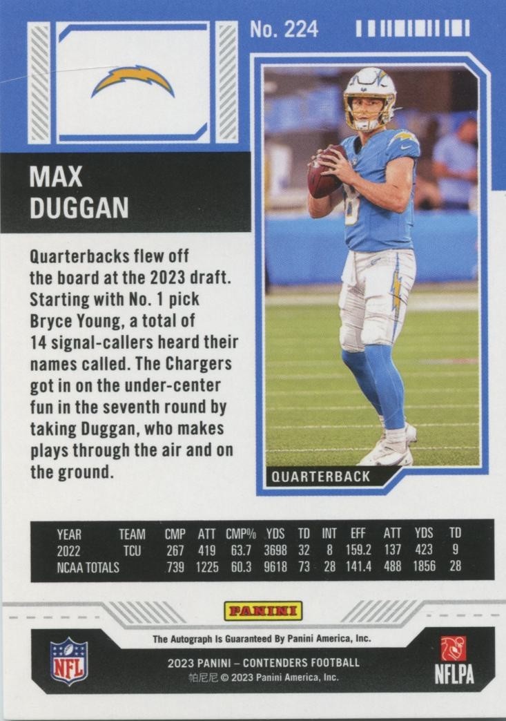 Max Duggan 2023 Contenders Green Auto Autograph RC Los Angeles Chargers