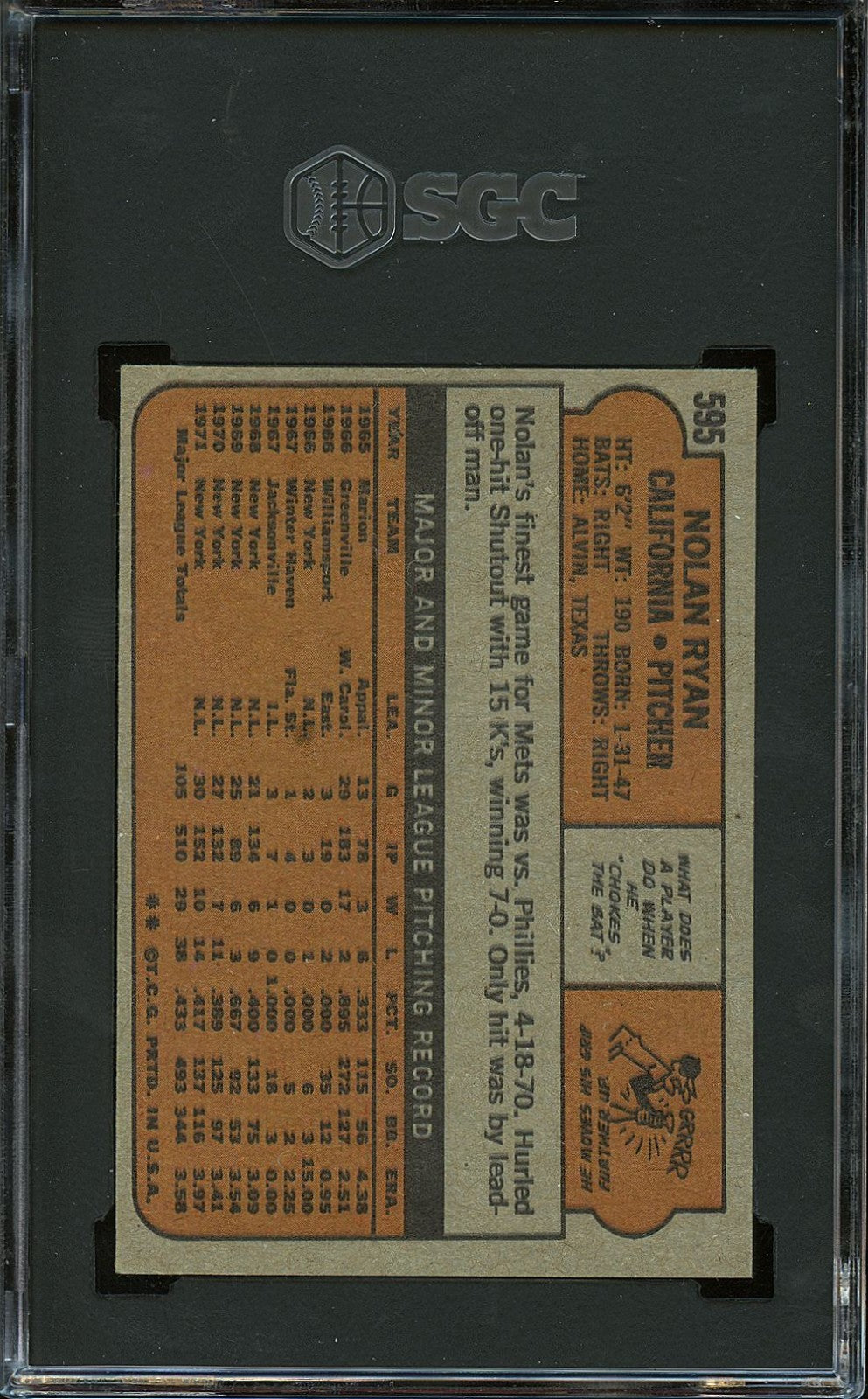 Nolan Ryan 1972 Topps Card California Angels #595 SGC 6