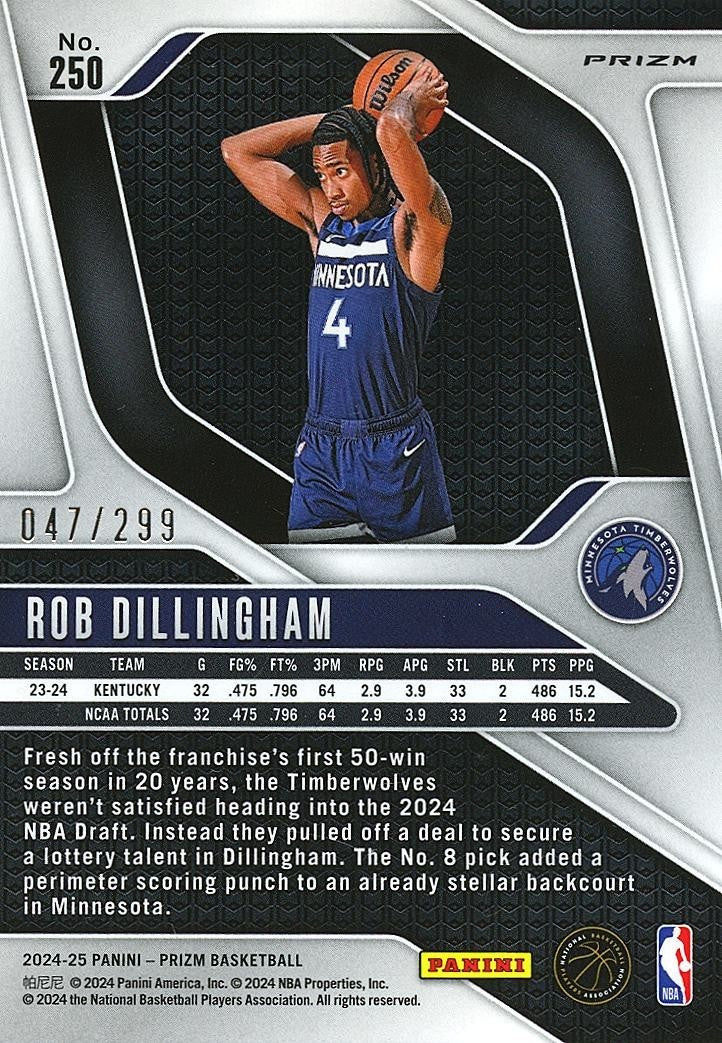 Rob Dillingham 2024-25 Prizm Red Seismic Prizm Rookie Timberwolves 47/299