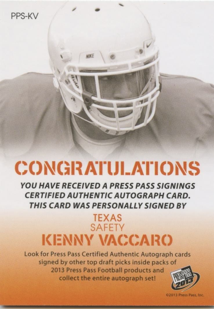 Kenny Vaccaro 2013 Press Pass Inscription Auto Autograph SSP RC Texas Longhorns